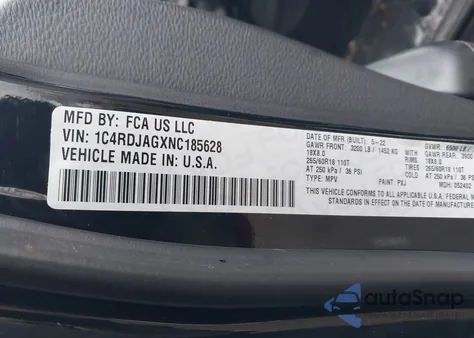 2022 Dodge Durango Sxt Awd z USA, uszkodzony, nr VIN 1C4RDJAGXNC185628